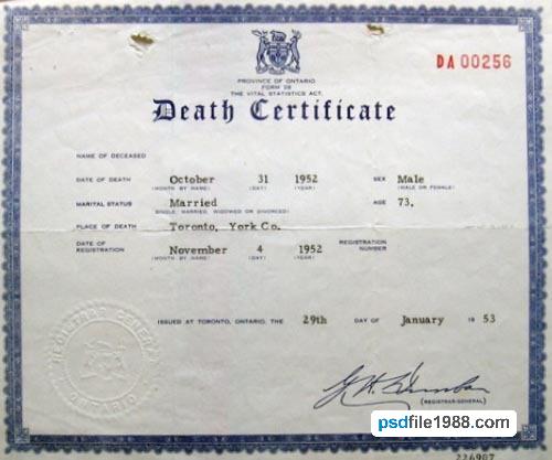 USA Ontario The Vital Statistics Registry Death Certificate